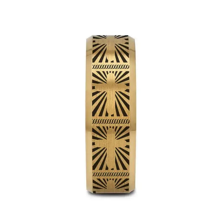 SUNBURST CROSS on Flat Gold Plated Tungsten Carbide Ring with Beveled Edges - Larson Jewelers