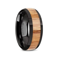 AMBROSE Black Ceramic Polished Edges Men’s Domed Wedding Band with Red Oak Wood Inlay - 8mm - Larson Jewelers