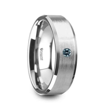 MOORE Flat Brushed Center Polished Beveled Edges Men’s Tungsten Wedding Band with Blue Diamond Setting - 6mm & 8mm - Larson Jewelers