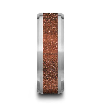 BODHI Men’s Polished Finish Beveled Edges Tungsten Wedding Band with Orange Goldstone Inlay - 8mm - Larson Jewelers