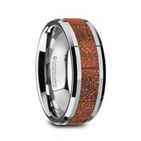 BODHI Men’s Polished Finish Beveled Edges Tungsten Wedding Band with Orange Goldstone Inlay - 8mm - Larson Jewelers