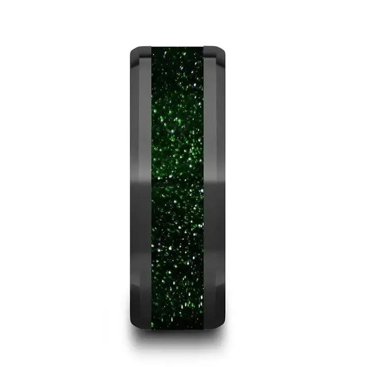 GIOVANNI Men’s Polished Finish Black Ceramic Beveled Wedding Band with Green Goldstone Inlay - 8mm - Larson Jewelers