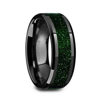 GIOVANNI Men’s Polished Finish Black Ceramic Beveled Wedding Band with Green Goldstone Inlay - 8mm - Larson Jewelers