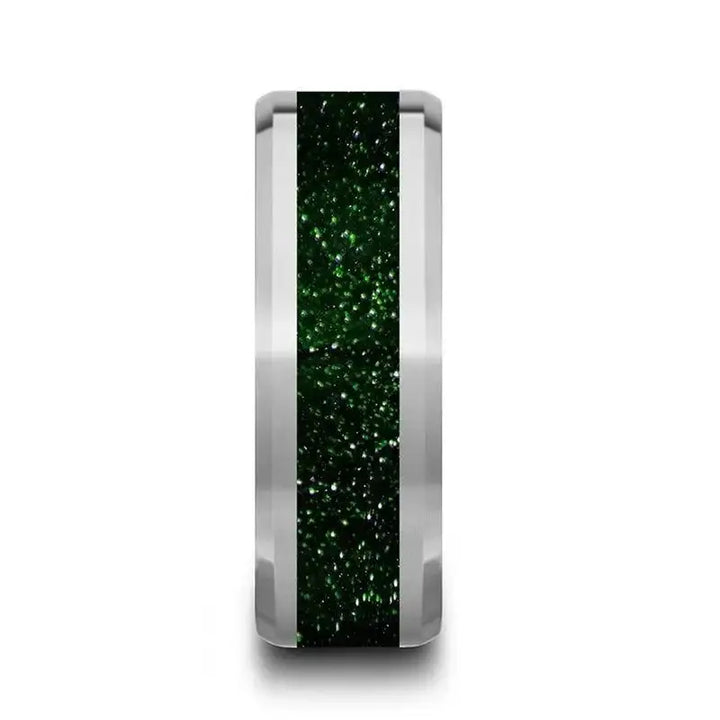 PATRICK Men’s Polished Finish Beveled Edges Tungsten Wedding Band with Green Goldstone Inlay - 8mm - Larson Jewelers
