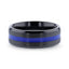 DECLAN Men’s Beveled Black Ceramic Brushed Finish Wedding Band with Polished Blue Stripe - 8mm - Larson Jewelers