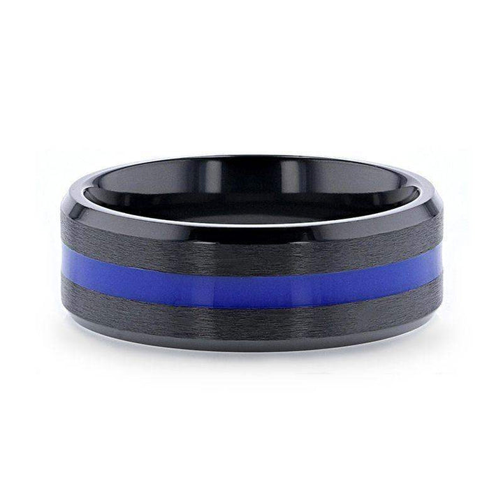 DECLAN Men’s Beveled Black Ceramic Brushed Finish Wedding Band with Polished Blue Stripe - 8mm - Larson Jewelers