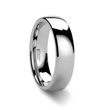 DOMINA domed polished tungsten carbide wedding band in 6mm width, angled view showing inside engraving