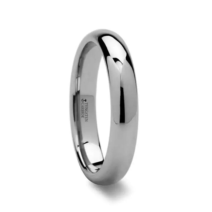DOMINA domed polished tungsten carbide wedding band in 4mm width, angled view showing inside engraving