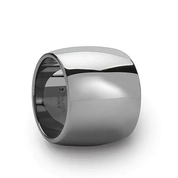 FRESNO domed polished tungsten carbide wedding band, extra-wide profile, side angle