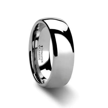 DOMINA domed polished tungsten carbide wedding band in wider width, angled view with interior 'Tungsten Carbide' mark