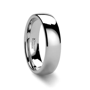 Domed white tungsten carbide wedding band, 6mm width, polished, inner engraving reads Tungsten Carbide