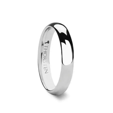 Domed white tungsten carbide wedding band with polished finish, 4mm width, angled view showing THORSTEN engraving inside