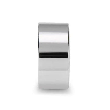 Front view showing the 12mm wide flat profile of the polished white tungsten ring