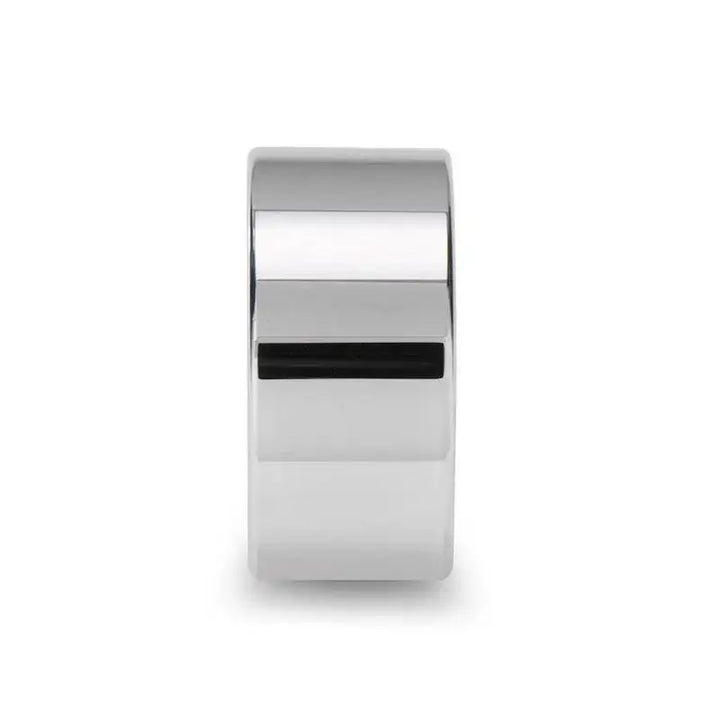 Front view showing the 12mm wide flat profile of the polished white tungsten ring
