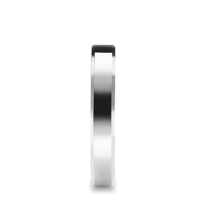 Front profile of a slim beveled-edge white tungsten ring