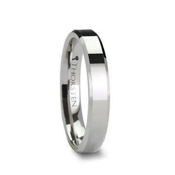 Side view of a white tungsten women’s wedding band with beveled edges and polished finish