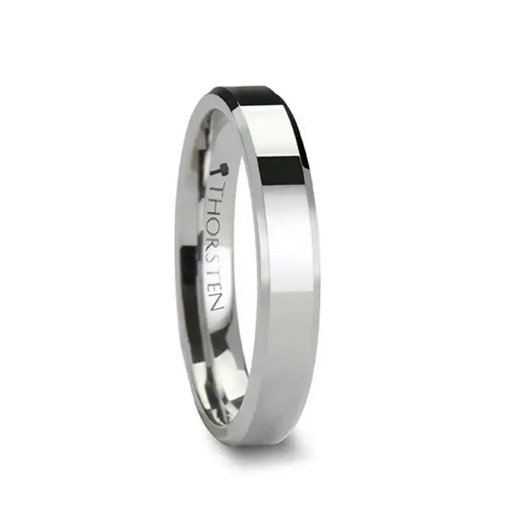 Side view of a white tungsten women’s wedding band with beveled edges and polished finish