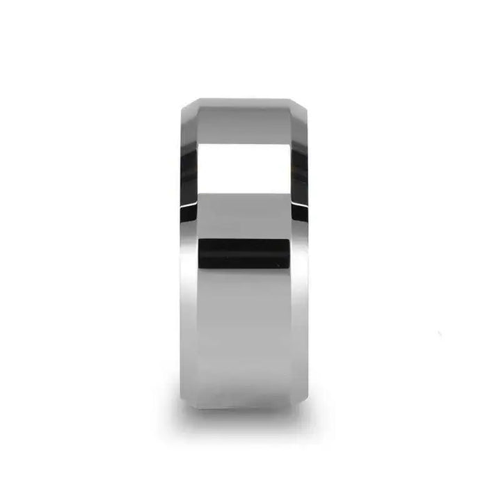 Front view showing the flat center and beveled edges of the white tungsten wedding band, 10mm