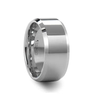 Side view of the LAWTON white tungsten carbide wedding band with beveled edges, 10mm width