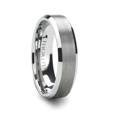 SAIRA white tungsten carbide ring with brushed center and polished beveled edges, 6mm width, angled view