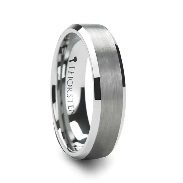 SAIRA white tungsten carbide ring with brushed center and polished beveled edges, 6mm width, angled view