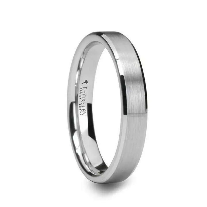 SAIRA white tungsten carbide ring with brushed center and polished beveled edges, 4mm width, side view