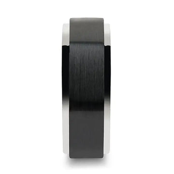 Front profile of the OAKLAND 8 mm tungsten carbide ring showing the raised brushed black ceramic center band