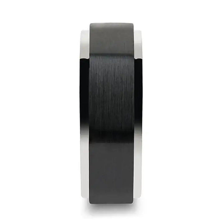 Front profile of the OAKLAND 8 mm tungsten carbide ring showing the raised brushed black ceramic center band
