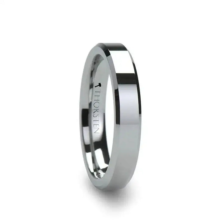 Polished silver-tone tungsten carbide ring with flat top and beveled edges, interior engraved THORSTEN, angled view