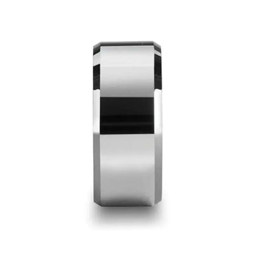 Front view of the 10mm beveled-edge tungsten carbide ring highlighting the flat profile and mirror finish