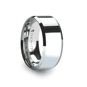 Polished 10mm tungsten carbide ring with beveled edges shown at a three-quarter angle; inner band engraved with Thorsten logo