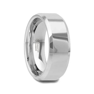 Wide beveled-edge tungsten carbide wedding band, polished finish, interior marked Tungsten Carbide