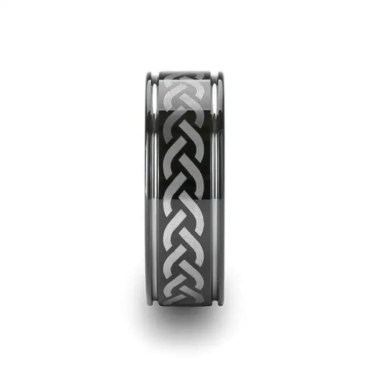 Front profile of the 8mm black tungsten carbide ring showing the continuous laser-engraved Celtic knot band