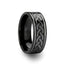 Angled view of an 8mm black tungsten carbide ring featuring a laser-engraved Celtic knot pattern and polished edges