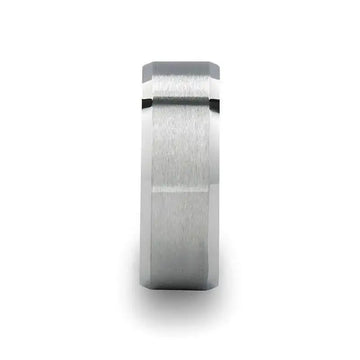 Front profile of the 8mm white tungsten carbide ring showing its square-profile brushed center and polished beveled edges.