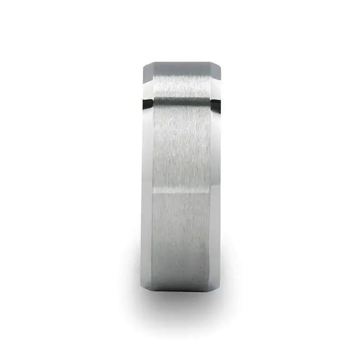 Front profile of the 8mm white tungsten carbide ring showing its square-profile brushed center and polished beveled edges.