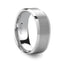 Close-up angled view of an 8mm white tungsten carbide ring with brushed center and polished beveled edges, comfort-fit interior.
