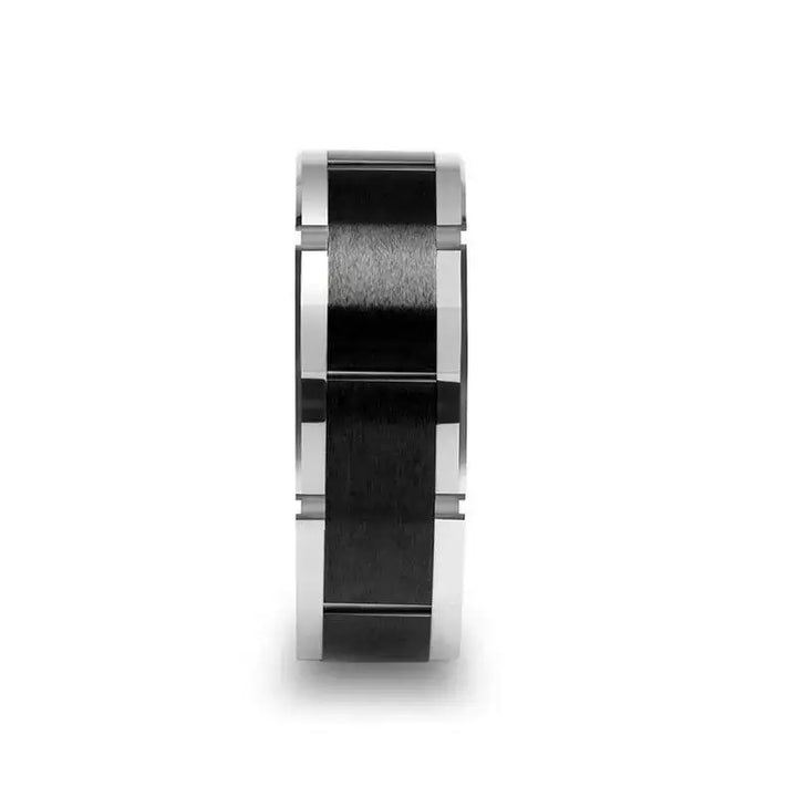 ROCHESTER Tungsten Ring With Horizontal Grooved Black Ceramic Center - 8mm - Larson Jewelers