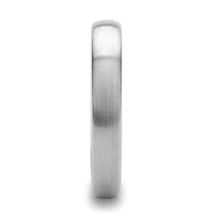 Front profile of the VIRGINIA 4mm domed brush-finished white tungsten ring highlighting the slim width and domed shape