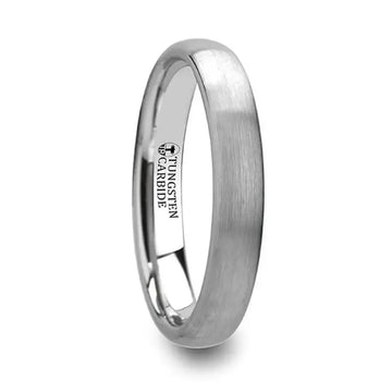 Side view of the VIRGINIA 4mm domed brush-finished white tungsten ring showing the brushed exterior and polished inner band