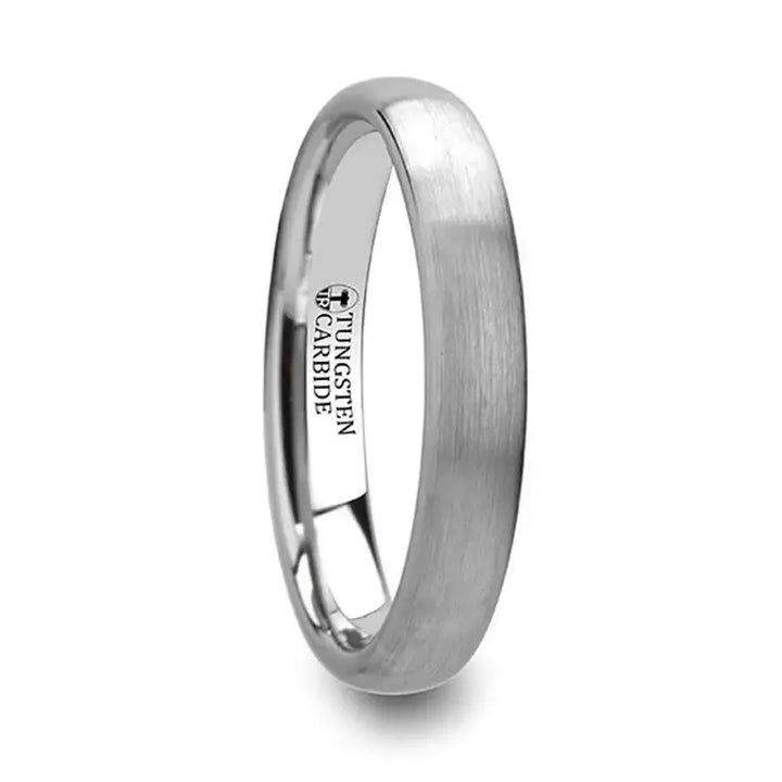 Side view of the VIRGINIA 4mm domed brush-finished white tungsten ring showing the brushed exterior and polished inner band