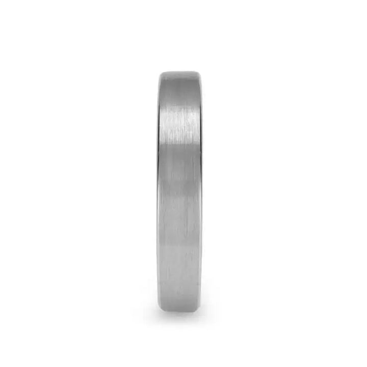 Front angled view of the flat white tungsten women’s wedding band showing brushed surface