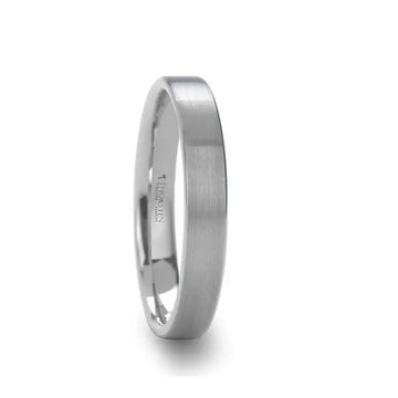 Side view of a flat white tungsten women’s wedding band with brushed finish