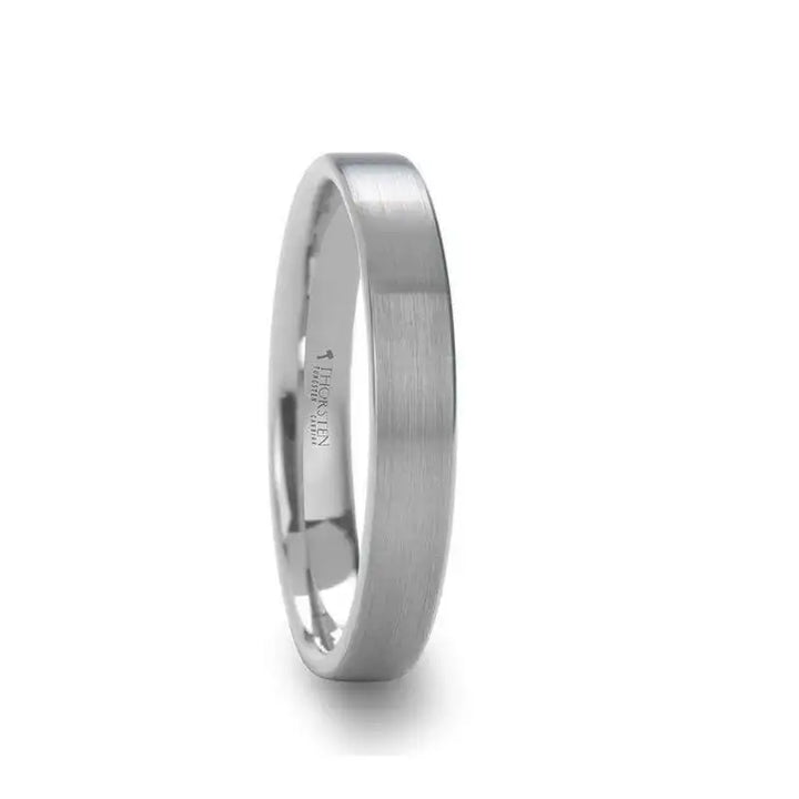 Side view of a flat white tungsten women’s wedding band with brushed finish