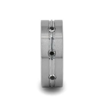 ROYALE Satin Finished Tungsten Ring with Polished Grooved Center and Triple Black Diamonds - 8mm - Larson Jewelers