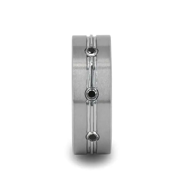 ROYALE Satin Finished Tungsten Ring with Polished Grooved Center and Triple Black Diamonds - 8mm - Larson Jewelers