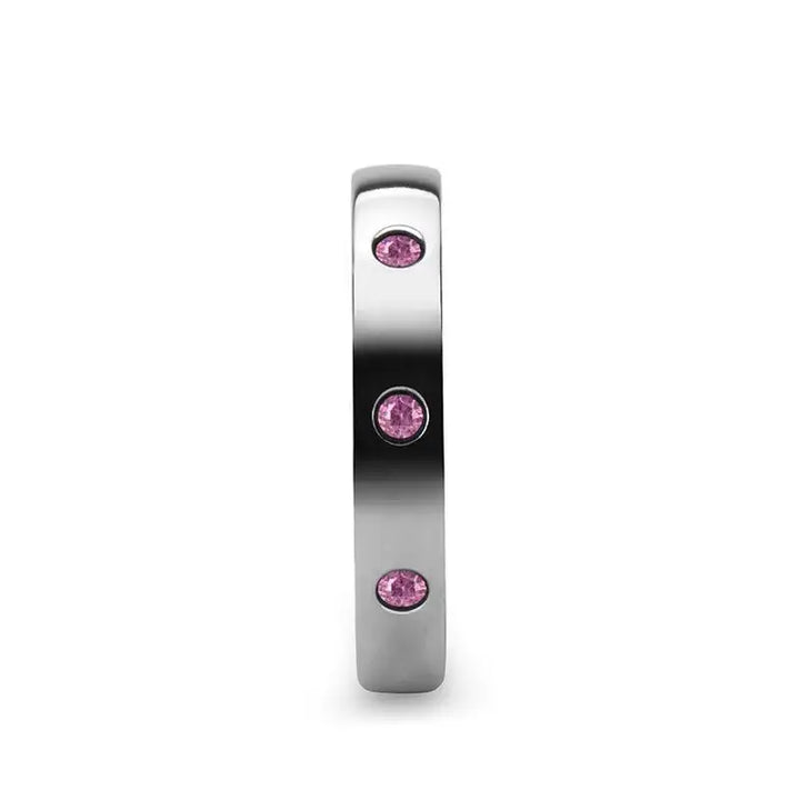 DIANA Domed White Tungsten Wedding Band with 3 Pink Sapphires - 4 mm - Larson Jewelers