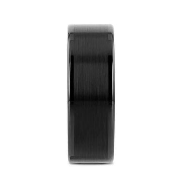 Front view of the flat black tungsten carbide ring showing the brushed center band