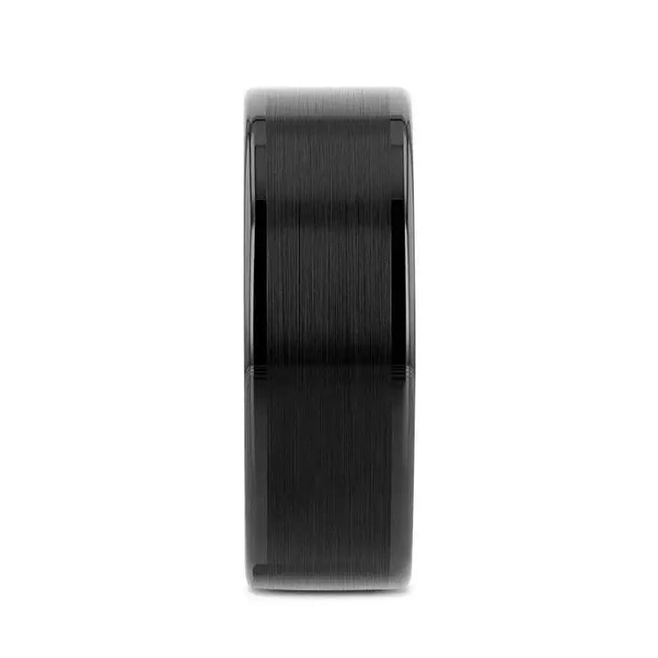 Front view of the flat black tungsten carbide ring showing the brushed center band