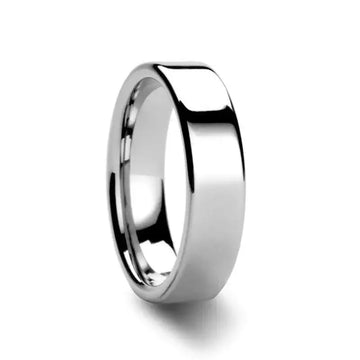 Polished flat-profile tungsten carbide wedding band, wider 6mm width, interior engraving visible